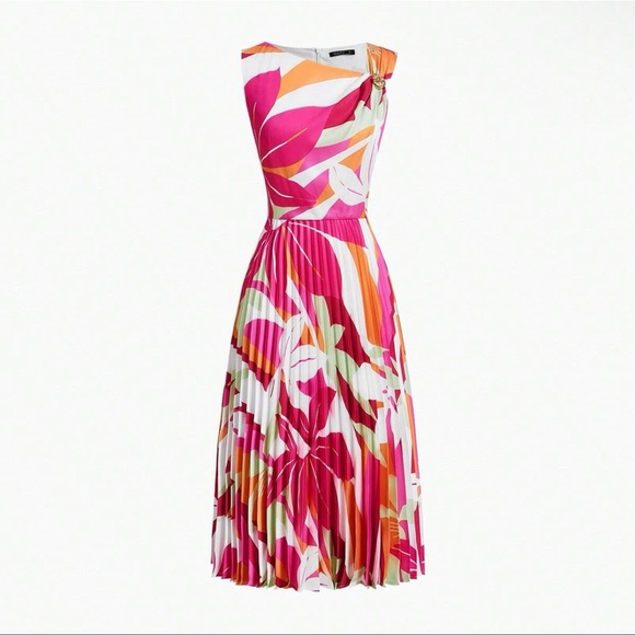 (M) MOTF FLORAL PLEATED ASYMMETRIC-NECK MIDI DRESS - Picture 1 of 8